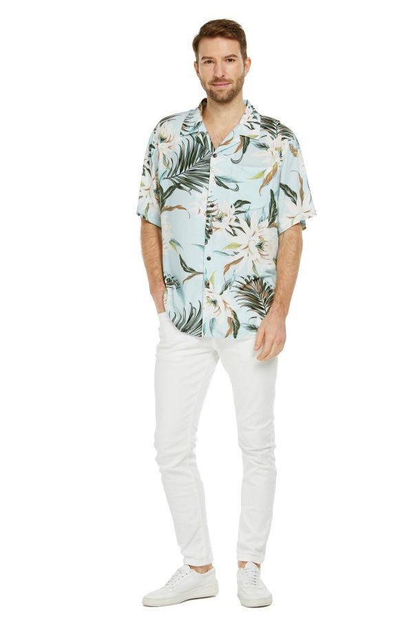 Men's Hawaiian Shirt - Polyester Wispy Cereus Light Blue Aloha Print Shirt - Image 5