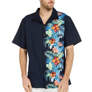 Men's Hawaiian Shirt - Premium Polyester Orchid Paradise Navy Aloha Print Shirt