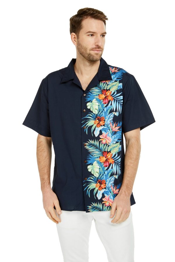 Men's Hawaiian Shirt - Premium Polyester Orchid Paradise Navy Aloha Print Shirt