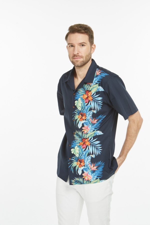 Men's Hawaiian Shirt - Premium Polyester Orchid Paradise Navy Aloha Print Shirt - Image 4