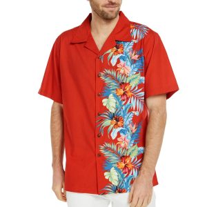 Men's Hawaiian Shirt - Premium Polyester Orchid Paradise Red Aloha Print Shirt