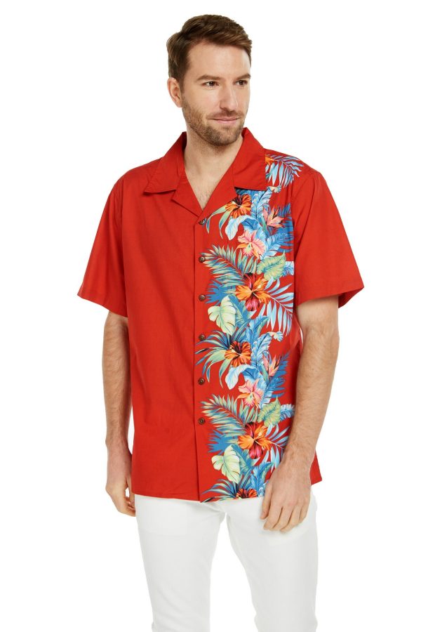Men's Hawaiian Shirt - Premium Polyester Orchid Paradise Red Aloha Print Shirt