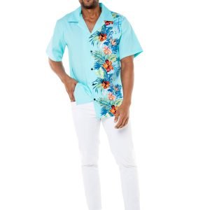 Men's Hawaiian Shirt - Polyester Orchid Paradise Turquoise Aloha Print Shirt