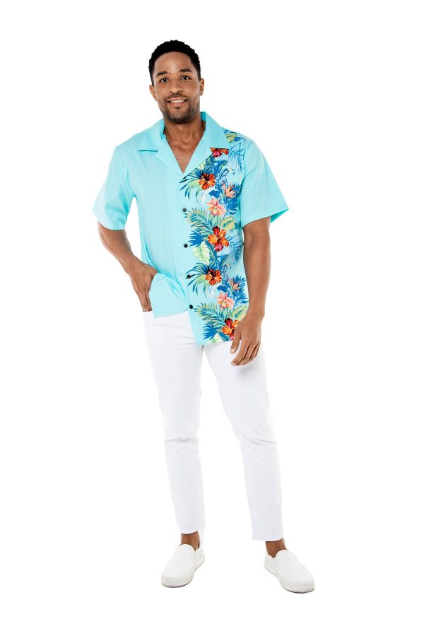 Men's Hawaiian Shirt - Polyester Orchid Paradise Turquoise Aloha Print Shirt