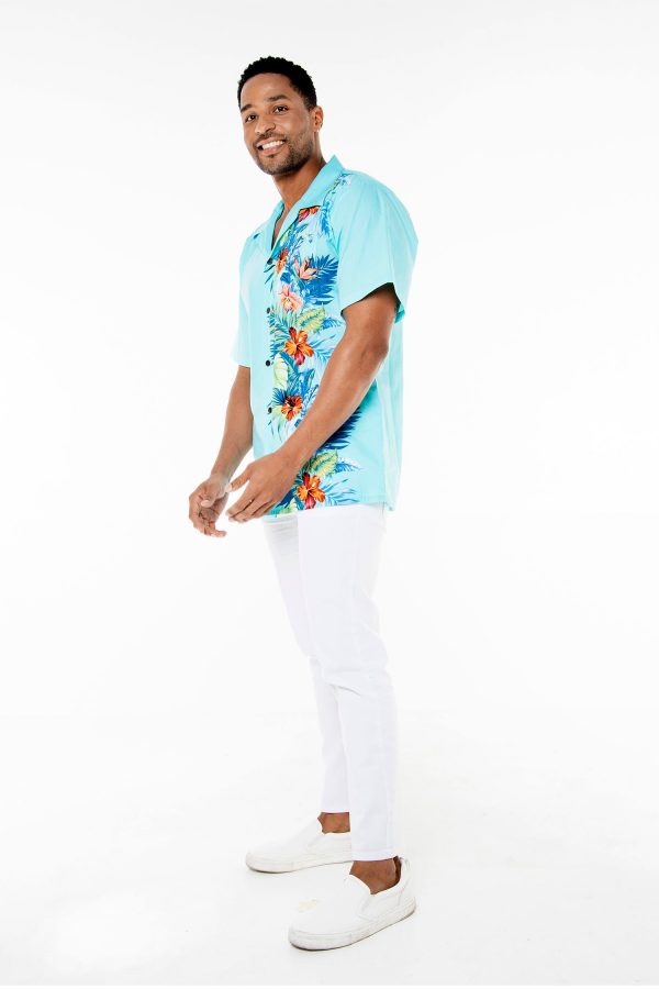 Men's Hawaiian Shirt - Polyester Orchid Paradise Turquoise Aloha Print Shirt - Image 3