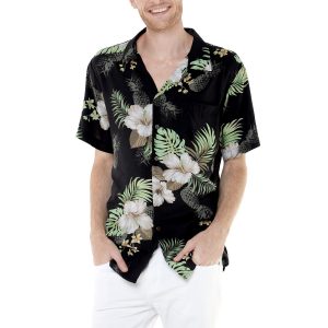 Men's Hawaiian Shirt - Polyester Pineapple Garden Black Aloha Print Shirt