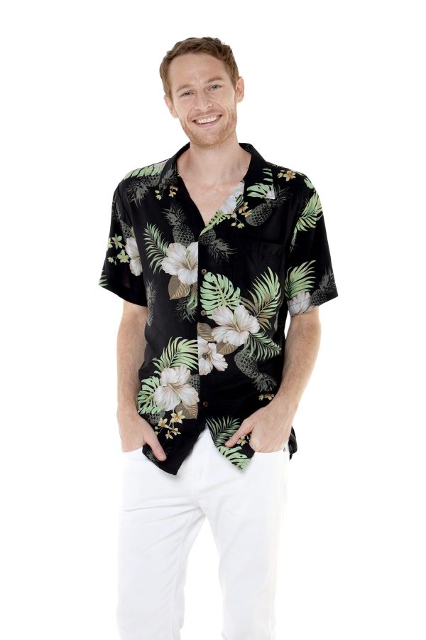 Men's Hawaiian Shirt - Polyester Pineapple Garden Black Aloha Print Shirt
