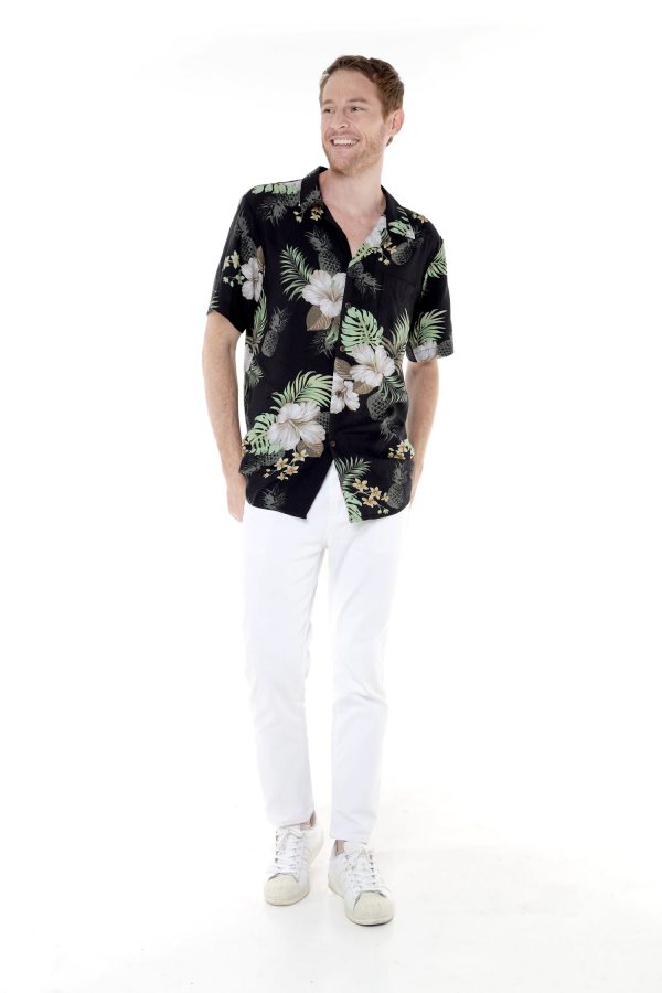 Men's Hawaiian Shirt - Polyester Pineapple Garden Black Aloha Print Shirt - Image 3