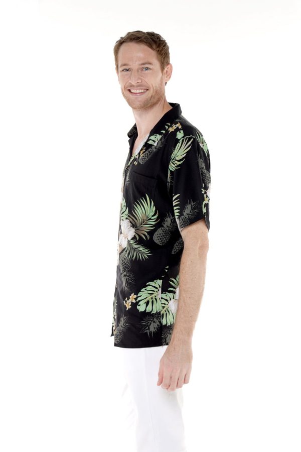 Men's Hawaiian Shirt - Polyester Pineapple Garden Black Aloha Print Shirt - Image 4