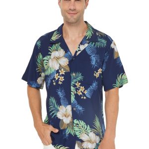Men's Hawaiian Shirt - Polyester Pineapple Garden Navy Aloha Print Shirt