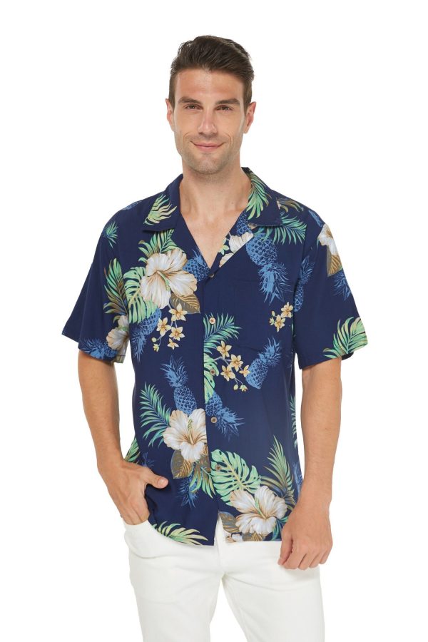 Men's Hawaiian Shirt - Polyester Pineapple Garden Navy Aloha Print Shirt