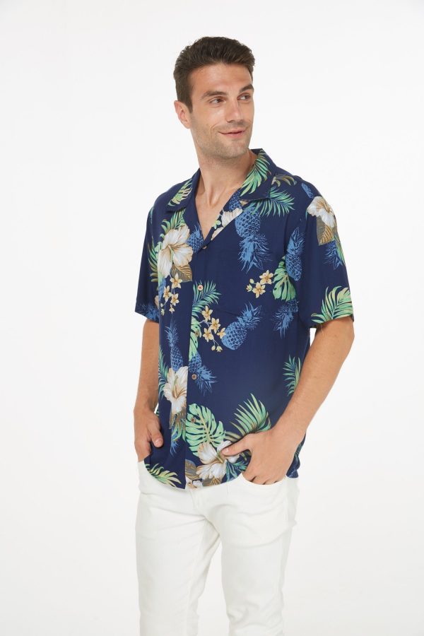 Men's Hawaiian Shirt - Polyester Pineapple Garden Navy Aloha Print Shirt - Image 3