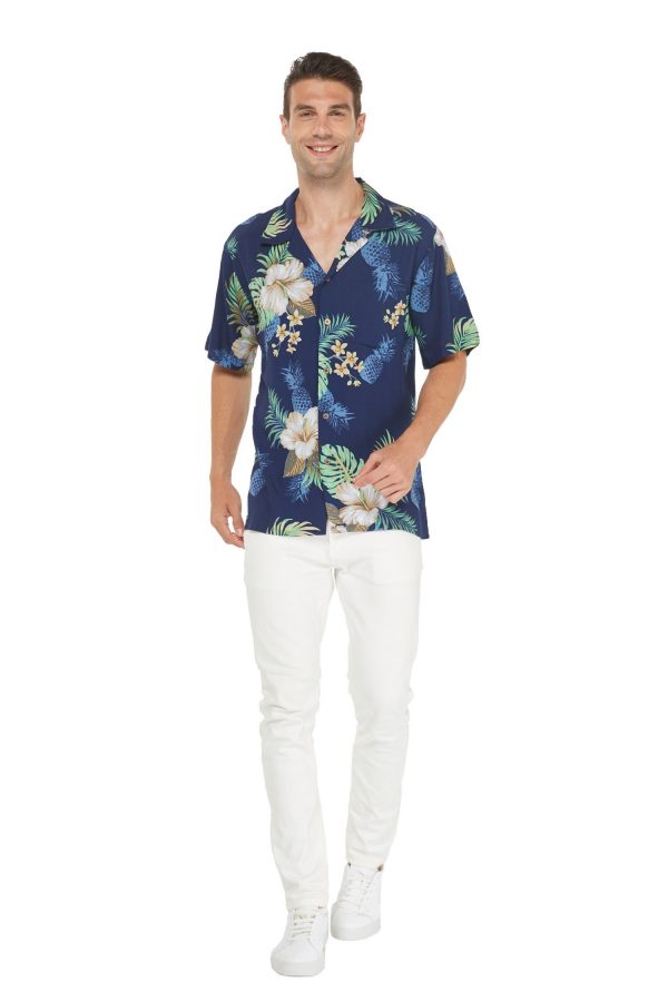 Men's Hawaiian Shirt - Polyester Pineapple Garden Navy Aloha Print Shirt - Image 4
