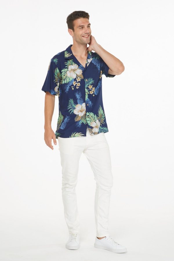 Men's Hawaiian Shirt - Polyester Pineapple Garden Navy Aloha Print Shirt - Image 5