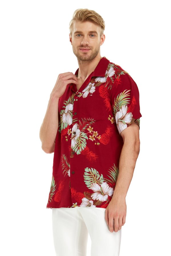 Men's Hawaiian Shirt - Polyester Pineapple Garden Red Aloha Print Shirt