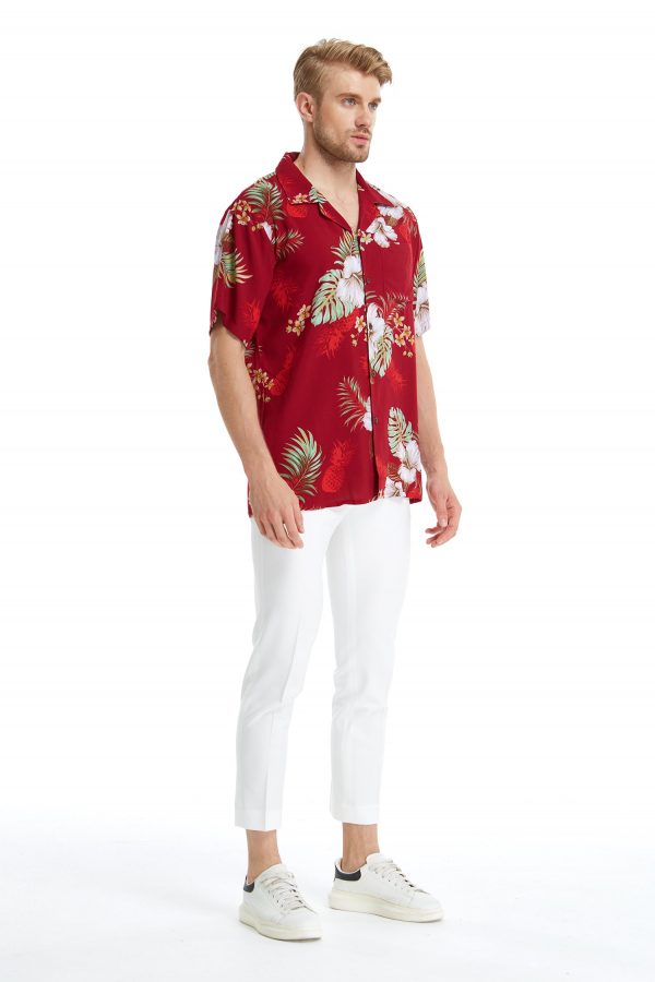 Men's Hawaiian Shirt - Polyester Pineapple Garden Red Aloha Print Shirt - Image 4