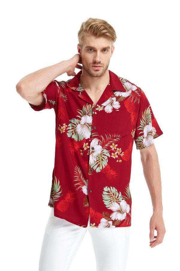Men's Hawaiian Shirt - Polyester Pineapple Garden Red Aloha Print Shirt - Image 5