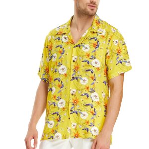 Men's Hawaiian Shirt - Polyester Garden Poppy Yellow Aloha Print Shirt