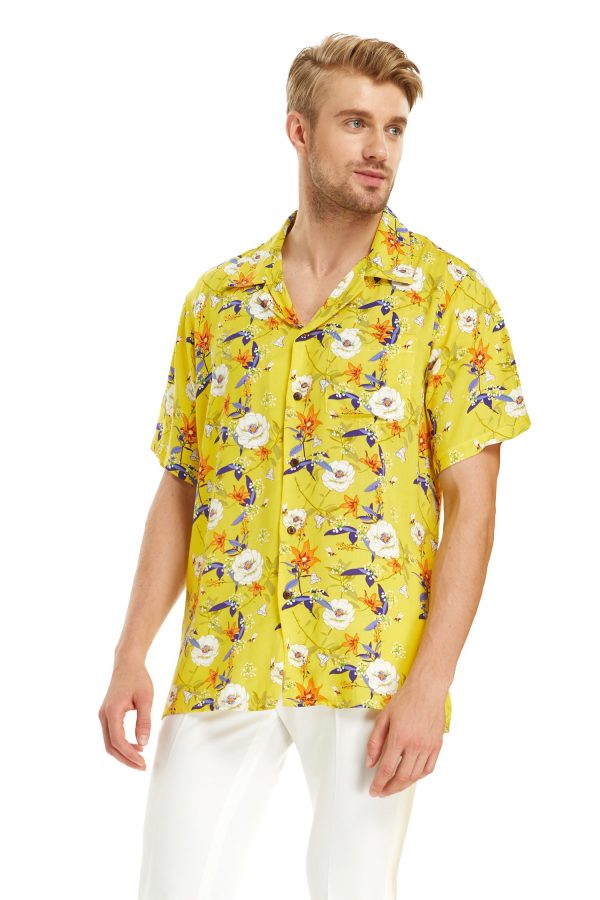 Men's Hawaiian Shirt - Polyester Garden Poppy Yellow Aloha Print Shirt