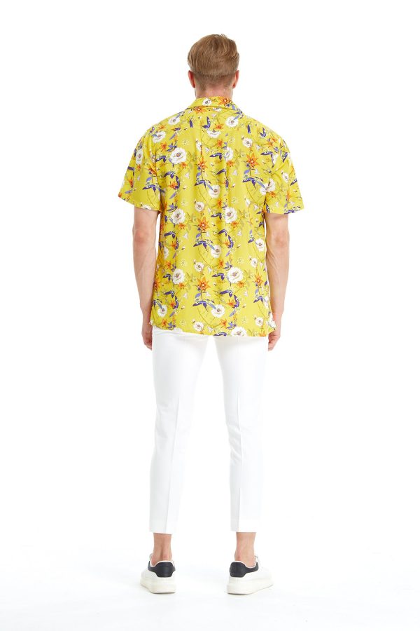 Men's Hawaiian Shirt - Polyester Garden Poppy Yellow Aloha Print Shirt - Image 4