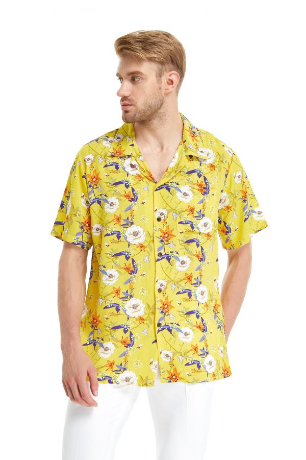 Men's Hawaiian Shirt - Polyester Garden Poppy Yellow Aloha Print Shirt - Image 2
