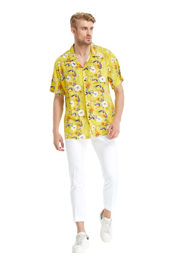 Men's Hawaiian Shirt - Polyester Garden Poppy Yellow Aloha Print Shirt - Image 3