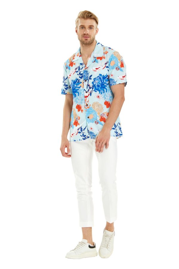 Men's Hawaiian Shirt - Polyester Flowering Koi Blue Aloha Print Shirt - Image 2