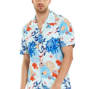 Men's Hawaiian Shirt - Polyester Flowering Koi Blue Aloha Print Shirt