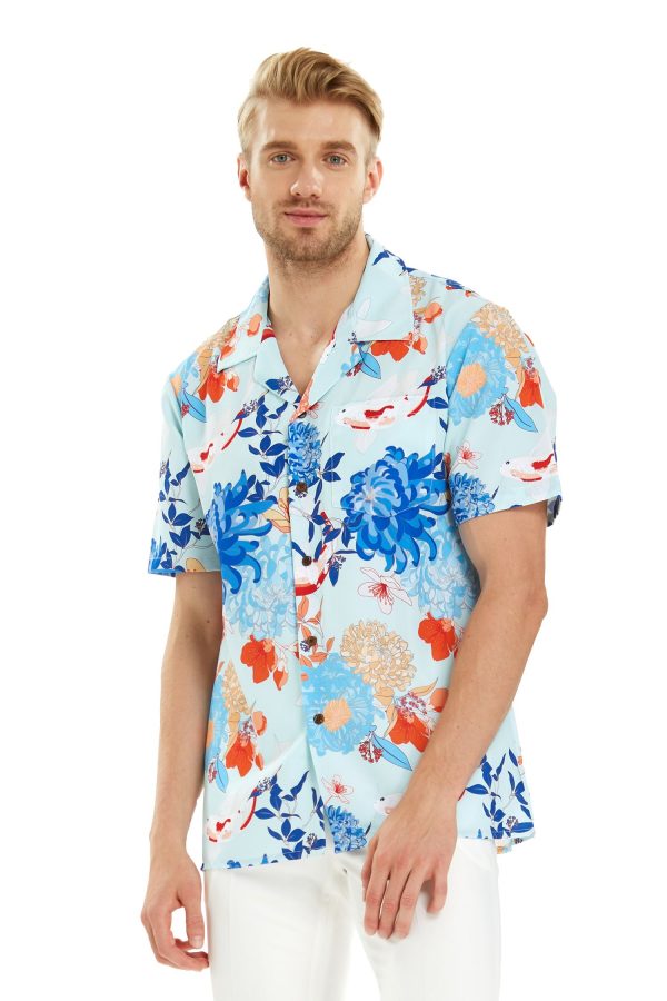 Men's Hawaiian Shirt - Polyester Flowering Koi Blue Aloha Print Shirt