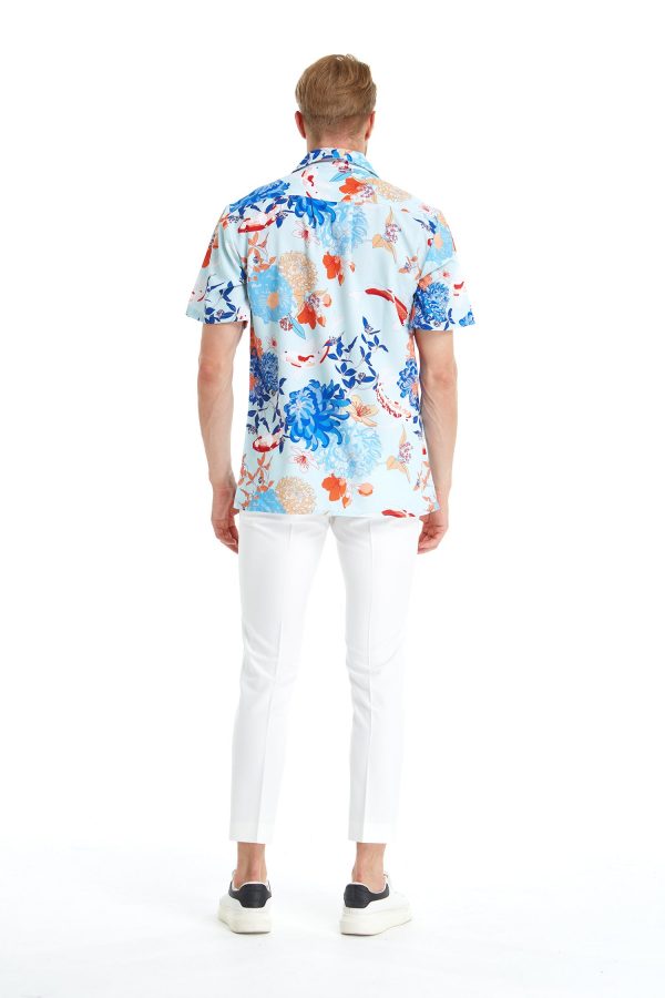 Men's Hawaiian Shirt - Polyester Flowering Koi Blue Aloha Print Shirt - Image 3