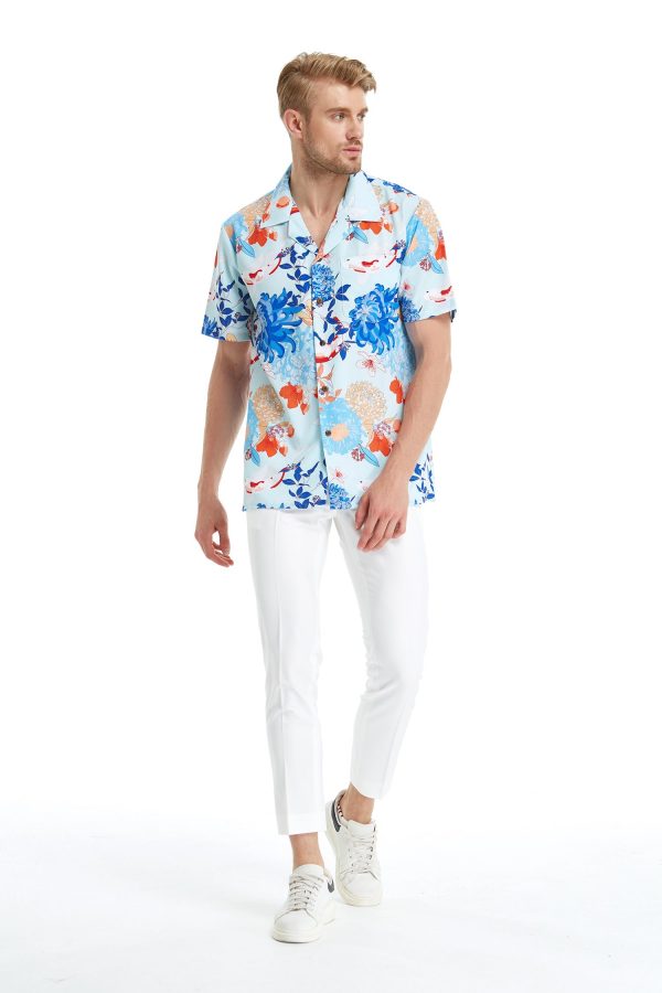 Men's Hawaiian Shirt - Polyester Flowering Koi Blue Aloha Print Shirt - Image 4