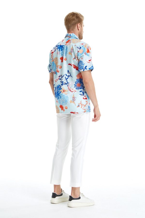 Men's Hawaiian Shirt - Polyester Flowering Koi Blue Aloha Print Shirt - Image 5