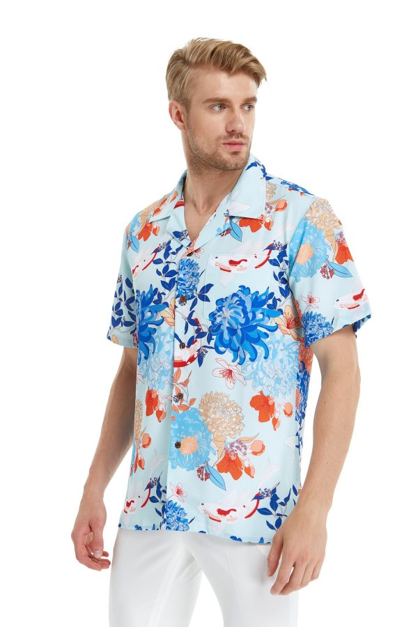 Men's Hawaiian Shirt - Polyester Flowering Koi Blue Aloha Print Shirt - Image 6