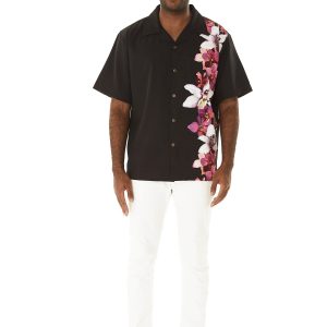 Men's Hawaiian Shirt - Polyester Watercolor Orchid Black with Pink Aloha Print Shirt
