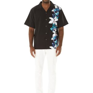 Men's Hawaiian Shirt - Polyester Watercolor Orchid Black and Turquoise Aloha Print Shirt
