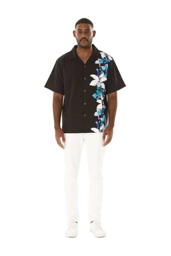 Men's Hawaiian Shirt - Polyester Watercolor Orchid Black and Turquoise Aloha Print Shirt