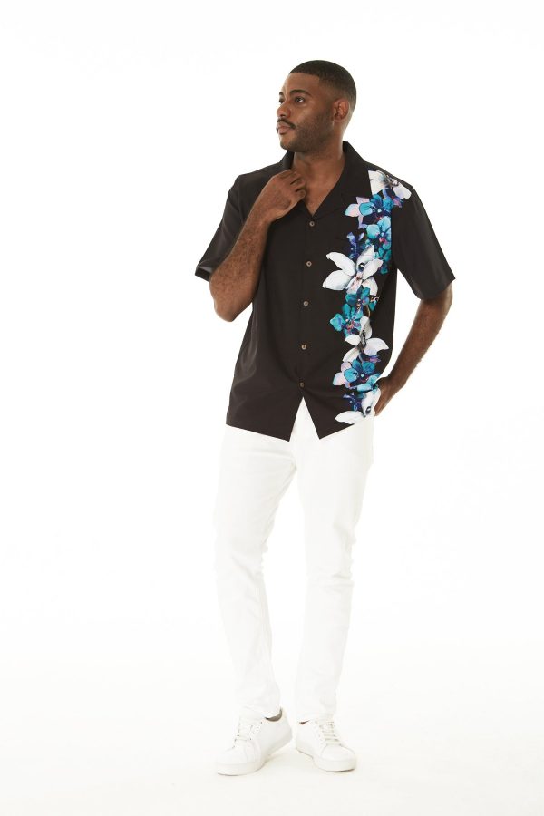 Men's Hawaiian Shirt - Polyester Watercolor Orchid Black and Turquoise Aloha Print Shirt - Image 3