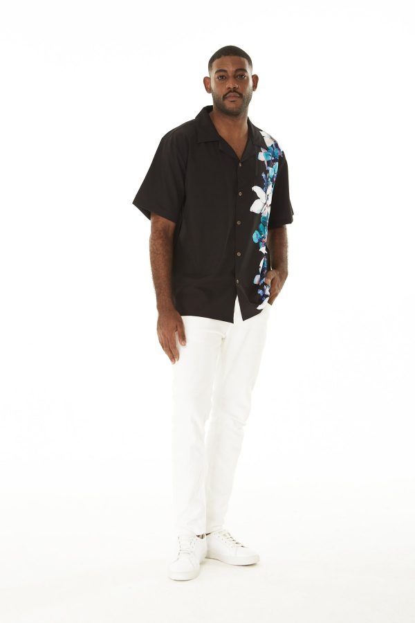 Men's Hawaiian Shirt - Polyester Watercolor Orchid Black and Turquoise Aloha Print Shirt - Image 4