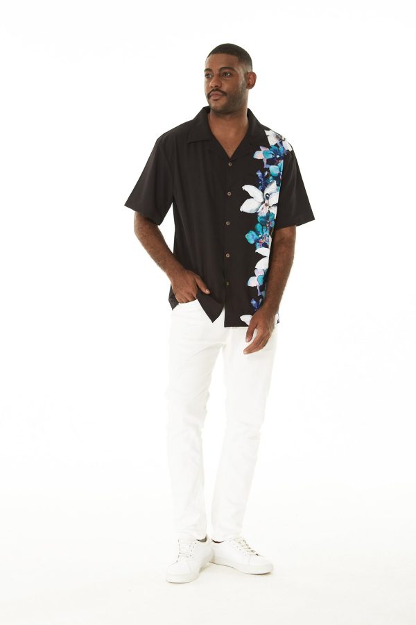 Men's Hawaiian Shirt - Polyester Watercolor Orchid Black and Turquoise Aloha Print Shirt - Image 5