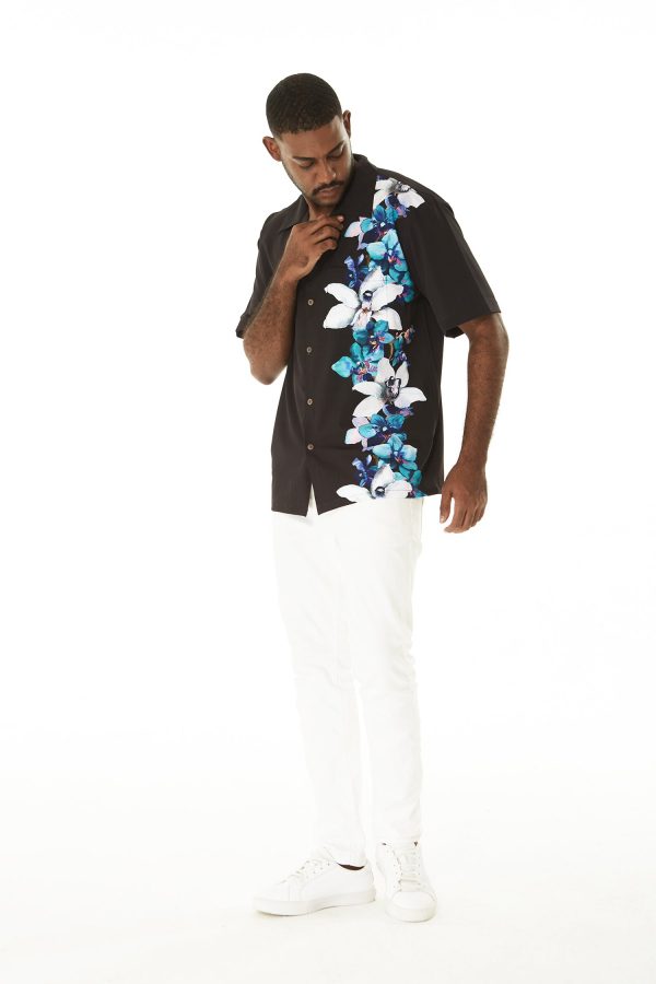 Men's Hawaiian Shirt - Polyester Watercolor Orchid Black and Turquoise Aloha Print Shirt - Image 6