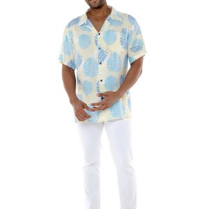 Men's Hawaiian Shirt - Polyester Pacific Palm Leaves Cream Aloha Print Shirt