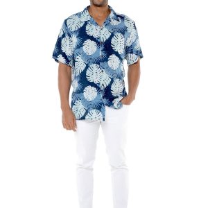 Men's Hawaiian Shirt - Polyester Pacific Palm Leaves Navy Aloha Print Shirt
