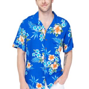 Men's Hawaiian Shirt - Polyester Hibiscus Blue Aloha Print Shirt