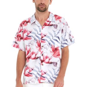 Men's Hawaiian Shirt - Polyester Misty Lotus White Aloha Print Shirt