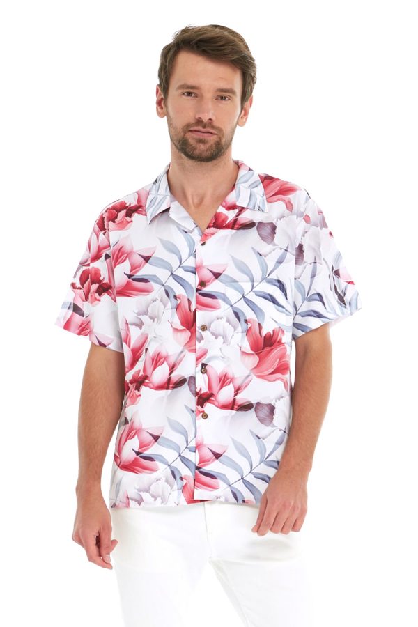 Men's Hawaiian Shirt - Polyester Misty Lotus White Aloha Print Shirt