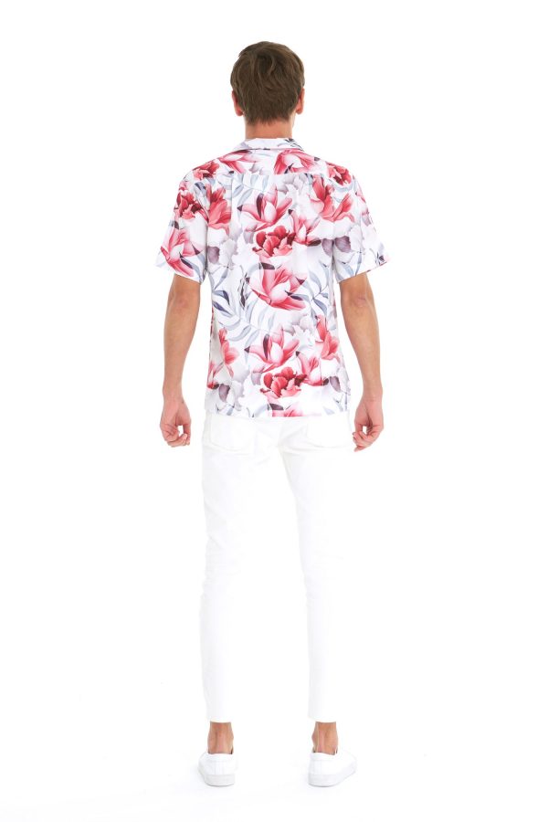 Men's Hawaiian Shirt - Polyester Misty Lotus White Aloha Print Shirt - Image 2