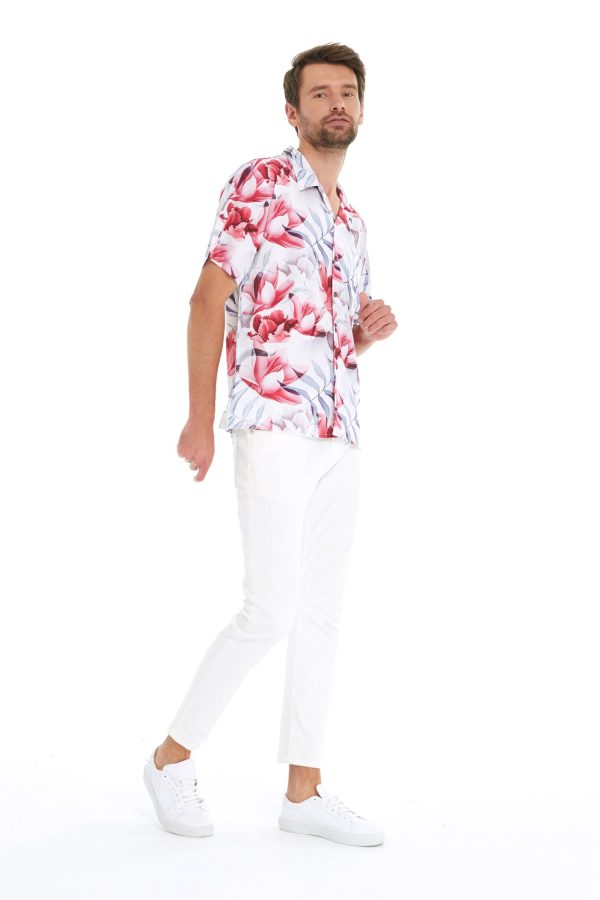 Men's Hawaiian Shirt - Polyester Misty Lotus White Aloha Print Shirt - Image 3