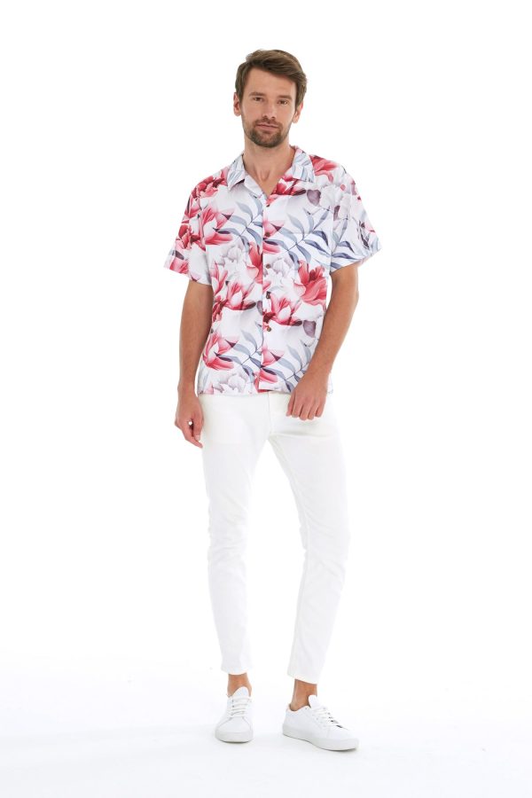 Men's Hawaiian Shirt - Polyester Misty Lotus White Aloha Print Shirt - Image 4