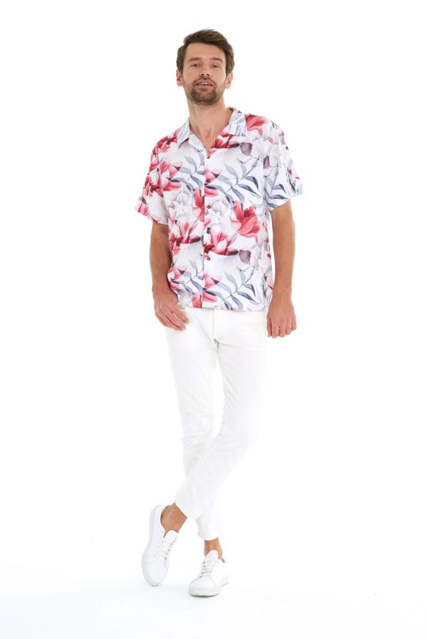 Men's Hawaiian Shirt - Polyester Misty Lotus White Aloha Print Shirt - Image 5