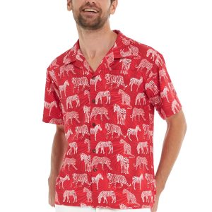 Men's Hawaiian Shirt - Polyester Tropical Jungle Red Aloha Print Shirt